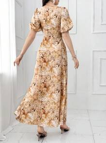 Modelyn Rochie de damă cu mâneci bufante, cu imprimeu floral, cu decolteu pătrat, elegantă