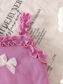 Souflis Souflis Baby Girls' Korean Style Cute Car Pattern With Ruffle Collar & Bowknot, Purple Ribbed Bodysuit, Summer - Purple - View 5