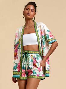 Travachic 2pcs/Set Tropical Print Short Sleeve Top & Shorts,  Suitable For Holiday , Afternoon Tea, Wedding Season, Beach Cruise Vacation, City Road Trip Vacation, Boho Vacation, Music Festival , Beachwear, Easter, Beach Outfits For Woman, Elegant Clothes For Women, Vacation Outfits Women, Concert Outfit Women, Tropical Vacation Woman Clothes, Holiday Outfits, Bohemian Clothes,For Spring Sunmmer And Autumn - Multicolor - View 5