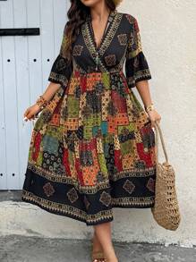 Plus Size Women Boho Floral Print V-Neck Flare Sleeve Dress For Vacation, For Summer - Multicolor - View 3