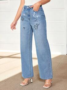 Breezaya Women's Letter & Heart Print Pocket Wide Leg Jeans