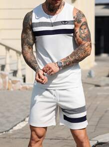 Manfinity Homme 男士休閒夏季兩件式短套裝，白色條紋拼接背心與短褲套裝，INS風格度假海灘穿搭，適合男朋友或丈夫，假日穿著 - 彩色 - 查看 5