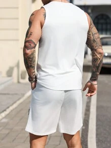 Manfinity Homme 男士休閒夏季兩件式短套裝，白色條紋拼接背心與短褲套裝，INS風格度假海灘穿搭，適合男朋友或丈夫，假日穿著 - 彩色 - 查看 8