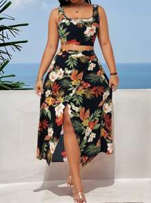 Breezaya Plus Size 2 Pieces Set: Elegant Vintage Style Sleeveless Tank Top & High Waist Slit Maxi Dress With Random Floral Print, Versatile Separates For Summer, Graduations, Holidays, Parties, Gatherings