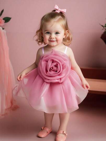 SHEIN Baby Girls Elegant Luxurious Delicate 3D Mesh Flower Decor Spaghetti Strap Mesh Dress, Suitable For Party, Gathering, Outdoor Activities, Wedding Season, Birthday Photo Shoot, Princess