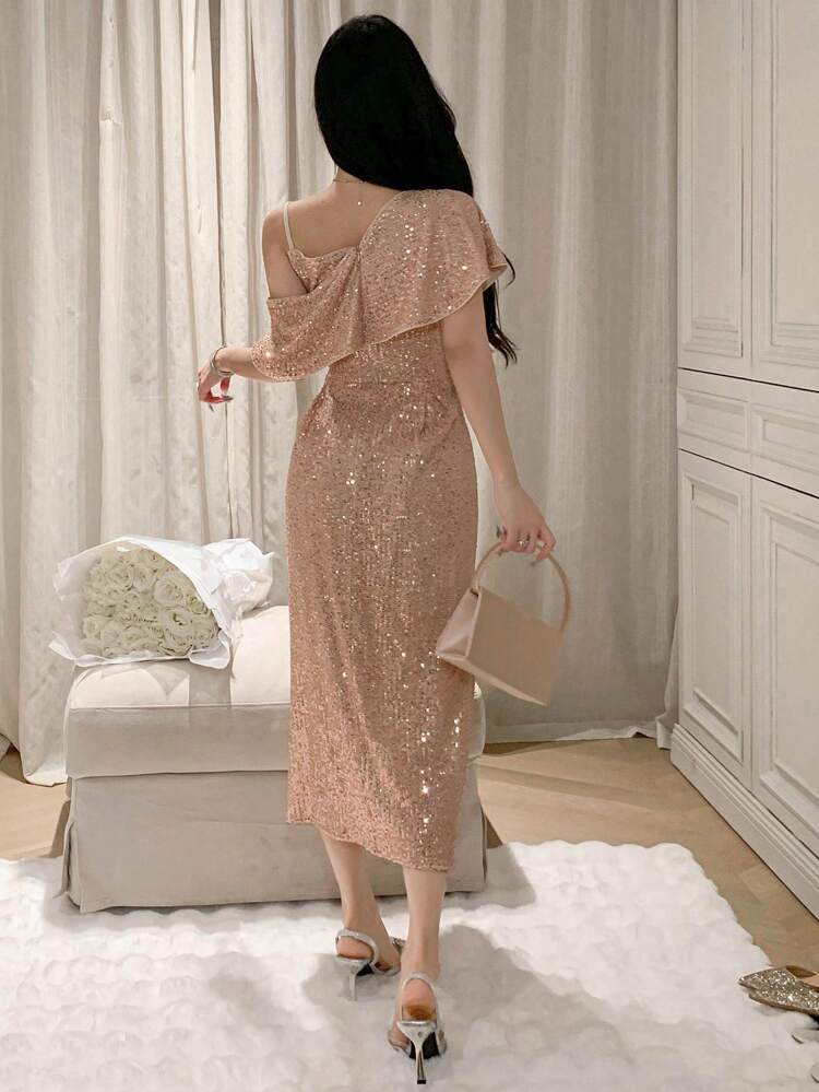 Asymmetrical Sequin Shoulder Midi Dress For Women Prom Dress Party Women Sundress Homecoming Dresses Luxury Elegant Women Dresses New Year Eve Dress Carnival Sparkly Dress