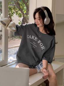 DAZY 2pcs Women's Loose Plaid Shorts Sleepwear Set With English Letter Print Pajama - Grey - View 6