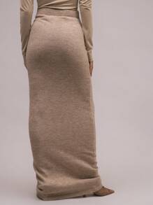 MUSERA Knit High Rise Tie Drape Detail Maxi Skirt Vacation Summer Sexy Party - Khaki - View 4