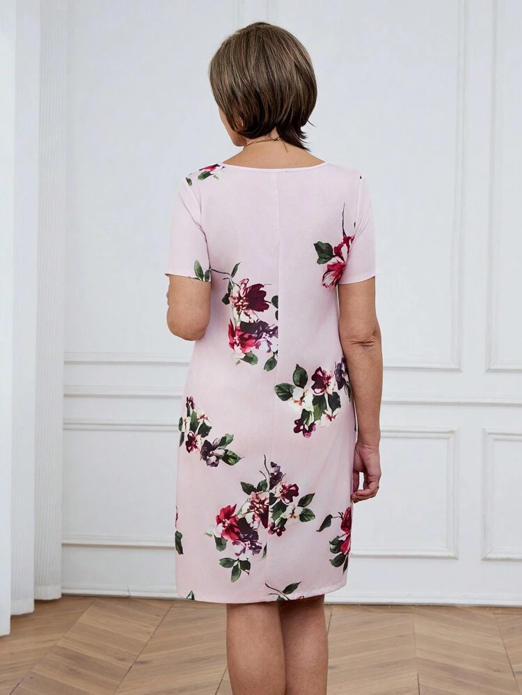Abito corto casual da donna con scollo rotondo e maniche corte, con stampa floreale all-over, abiti da compleanno per donne, outfit estivi, abito floreale