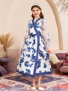 1 peça vestido estilo vintage com estampa floral e emenda francesa, manga bufante longa, cintura franzida, primavera/verão - Branco - Ver 5