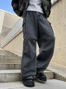 Manfinity EMRG Men's Cargo Pocket Loose Wide Leg Casual Jeans - Grey - View 3