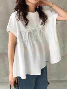 FRIFUL 女式超大白色T恤，袖子和下摆有拼布设计，夏季服装，荷叶边