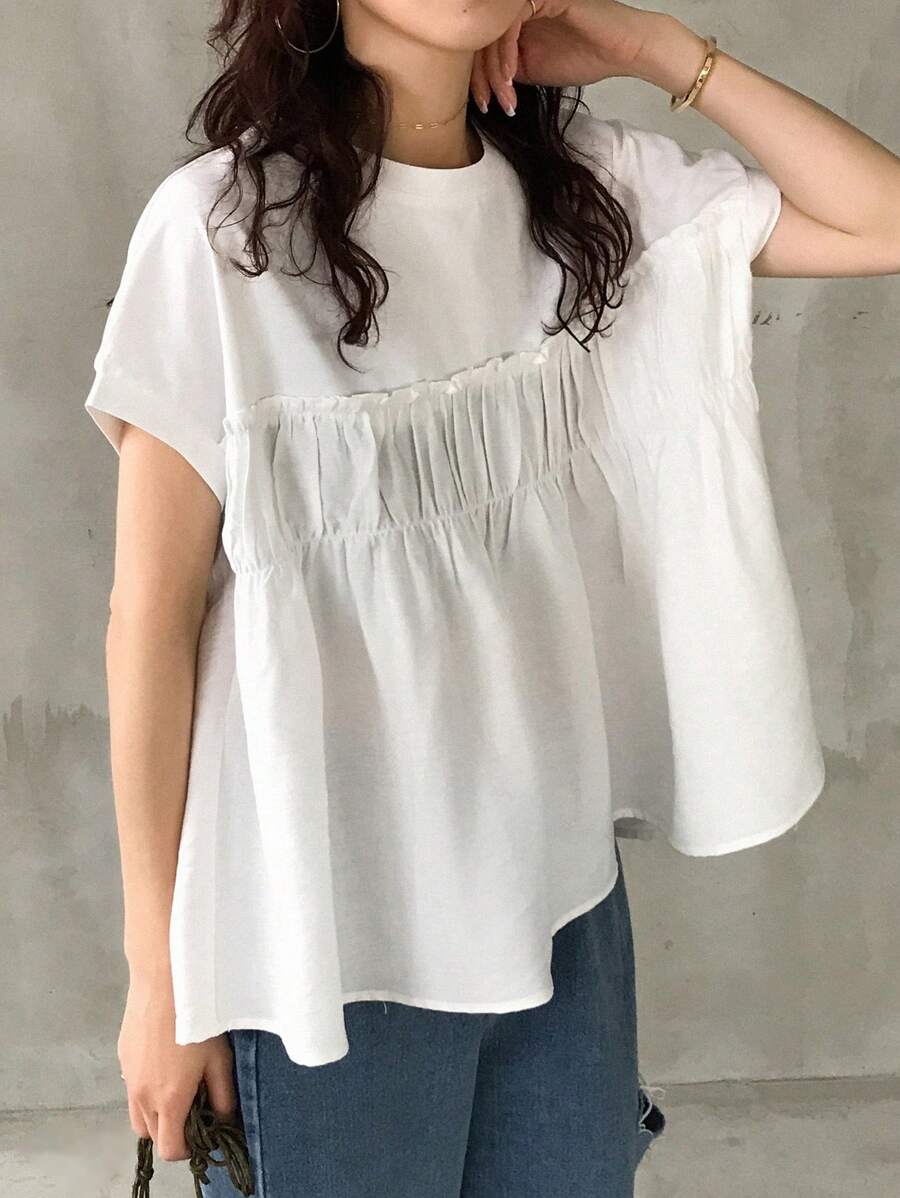 FRIFUL 女式超大白色T恤，袖子和下摆有拼布设计，夏季服装，荷叶边