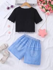 2pcs/Set Tween Girls' Cute Letter & Cartoon Print Ribbed Short Sleeve Top And Denim Effect Print Shorts Set, Summer - Black - View 2