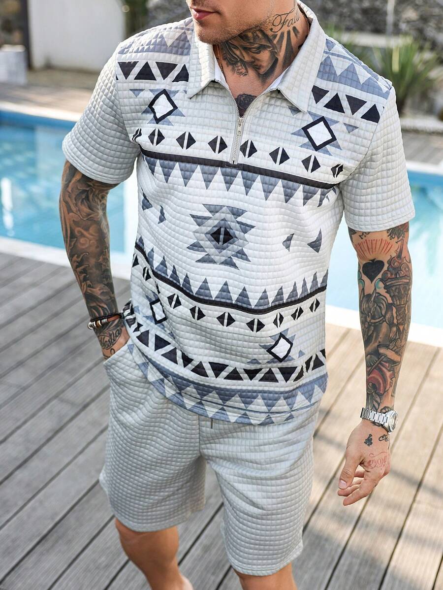Manfinity RSRT Men Zipper Front Short Sleeve Printed Top And Shorts Set - Multicolor - View 1
