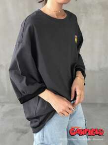 Garfield X FRIFUL Women's Cartoon Print Loose Round Neck Short Sleeve T-Shirt, Casual Wear For Summer Cute Tops - Grey - View 6