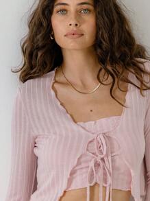 Aralina Pink Elegant Tie-Front Ribbed Cute Knit Cardigan - Dusty Pink - View 3