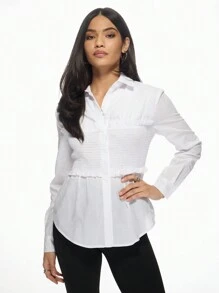 MISSGUIDED Elegant Shirred Waist Button-Down Blouse Professional Office Wear Long Sleeve Fitted Smart Casual Business Formal Work Top With Ruffled Detail - White - View 1