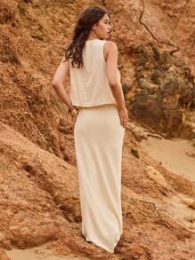 Aralina 抽绳休闲夏日度假海滩长款飘逸半身裙 - 黃色 - 查看 2