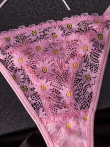 PetitDoll 2件套雏菊蕾丝透视钢圈性感文胸和丁字裤内衣套装女士 - 粉色 - 查看 4