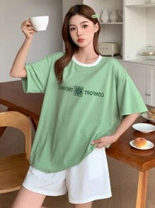 DAZY 2pcs Women Oversized Letter Print Short Sleeve Loungewear Set Pajama - Green - View 8