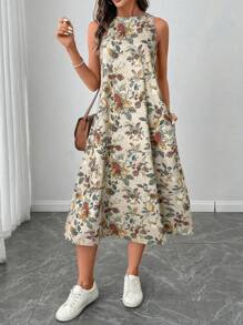 SHEIN LUNE Vestido midi de línea A sin mangas con cuello redondo y estampado floral retro, casual y elegante