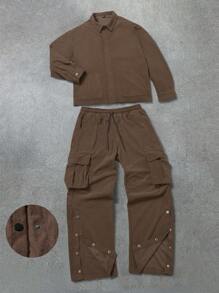 Manfinity Homme Conjunto de 2 piezas de camisa de manga larga con bolsillo de unicolor casual y pantalones largos para hombre