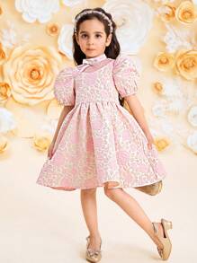 SHEIN Young Girl Jacquard Puff Sleeve Bow Knot Front Dress - Pink - View 5