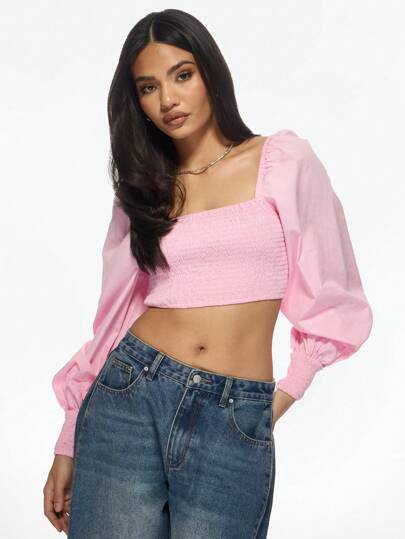 MISSGUIDED 泡泡袖褶皱短款上衣节日时尚方领短款衬衫派对俱乐部夏季春季约会之夜 Cottagecore Y2K