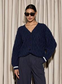 AiiRZ Luxury Cable Knit Button-Front Cardigan With Varsity Stripe Cuffs V-Neck Designer Knitwear Chunky Winter Sweater Cozy Holiday Fashion - Navy Blue - View 1