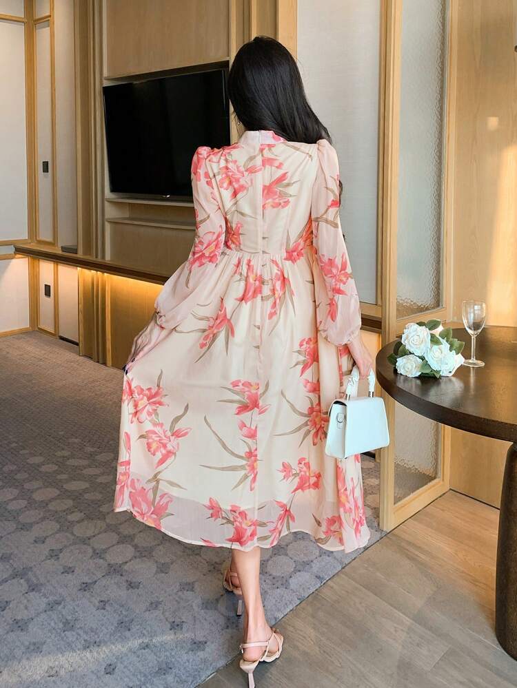 Floral Print 2 In 1 Puff Sleeve Tie Waist Mid-Length Dress For Women,Fall Dress Long Sleeve Dress