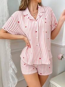 Striped Heart Print Lapel Top With Pocket & Shorts Women Pajama Set - Multicolor - View 5