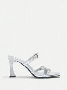 CUCCOO CURVES Plus Size Wide Fit Rhinestone Decorated Sandals With High Heel And Multi-Straps, Sexy Spring Shoes Spring Break Easter - Metallic Silver - View 3