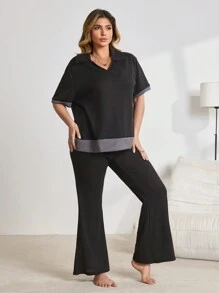 Plus Size Contrast Color Block Polo Collar Short Sleeve Flare Pants Pajamas Set - Black - View 1