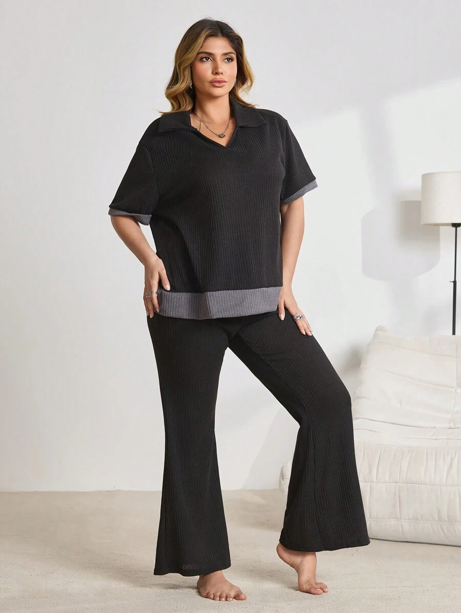 Plus Size Contrast Color Block Polo Collar Short Sleeve Flare Pants Pajamas Set - Black - View 1