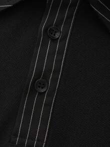Manfinity Homme Men's Casual Striped Patchwork Short Sleeve Polo Shirt, Formal - Black - View 7