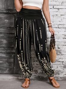 SHEIN VCAY 加大码波西米亚风黑色针织弹力腰混合图案哈伦裤，波西米亚风，女士西部风情，牛仔风，女士夏季风，海滩风，女士夏季风，圣帕特里克节风，女士春季风，伊比沙岛风 - 黑色 - 查看 5