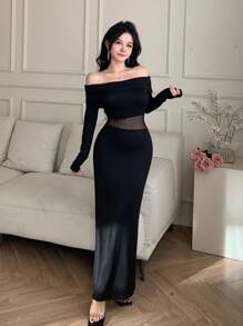 DAZY Đầm dài tay hở vai phối lưới chắp vá cho nữ, Đầm mùa thu - màu đen - Xem 3