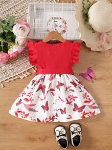 SHEIN Đầm in hình bướm dễ thương cho bé gái kèm thắt lưng, đa năng khi đi chơi - Đỏ - Xem 2