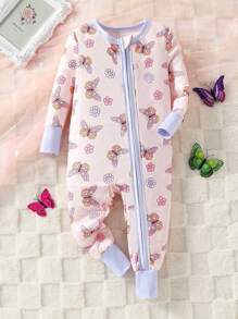 SHEIN 嬰兒女童蝴蝶和花卉印花長袖連體褲 - 彩色 - 查看 1