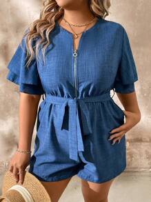 SHEIN LUNE Women's Bell Sleeve Front Zip Up Jumpsuit Shorts, Casual Spring/Summer