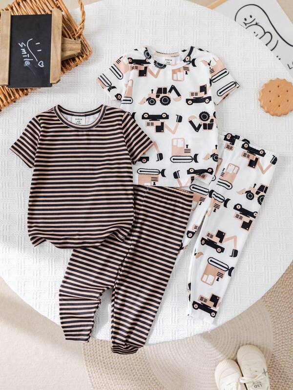 SHEIN 4pcs Baby Boys Simple Cartoon Car & Striped Print Crew Neck Short Sleeve Leggings Casual Pajama Set Baby Clothes Set Baby Cotton Clothes Baby Outfit Sets Cotton Baby Clothes Baby Boy Clothes Cotton Snug Fit