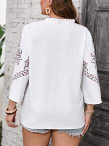 SHEIN VCAY Plus Size White Holiday Autumn Boho Vacation Blouse,Country Retro Print Frill Trim 3/4 Sleeve Button-Up Western Wear,Women's Festival Hippie Cowgirl - White - View 2