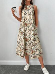 SHEIN LUNE Vestido midi de línea A sin mangas con cuello redondo y estampado floral retro, casual y elegante