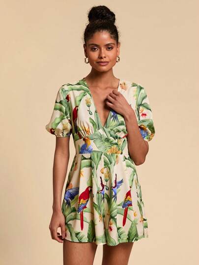 Travachic V-Neck Bubble Sleeve Printed Woven Romper For Women