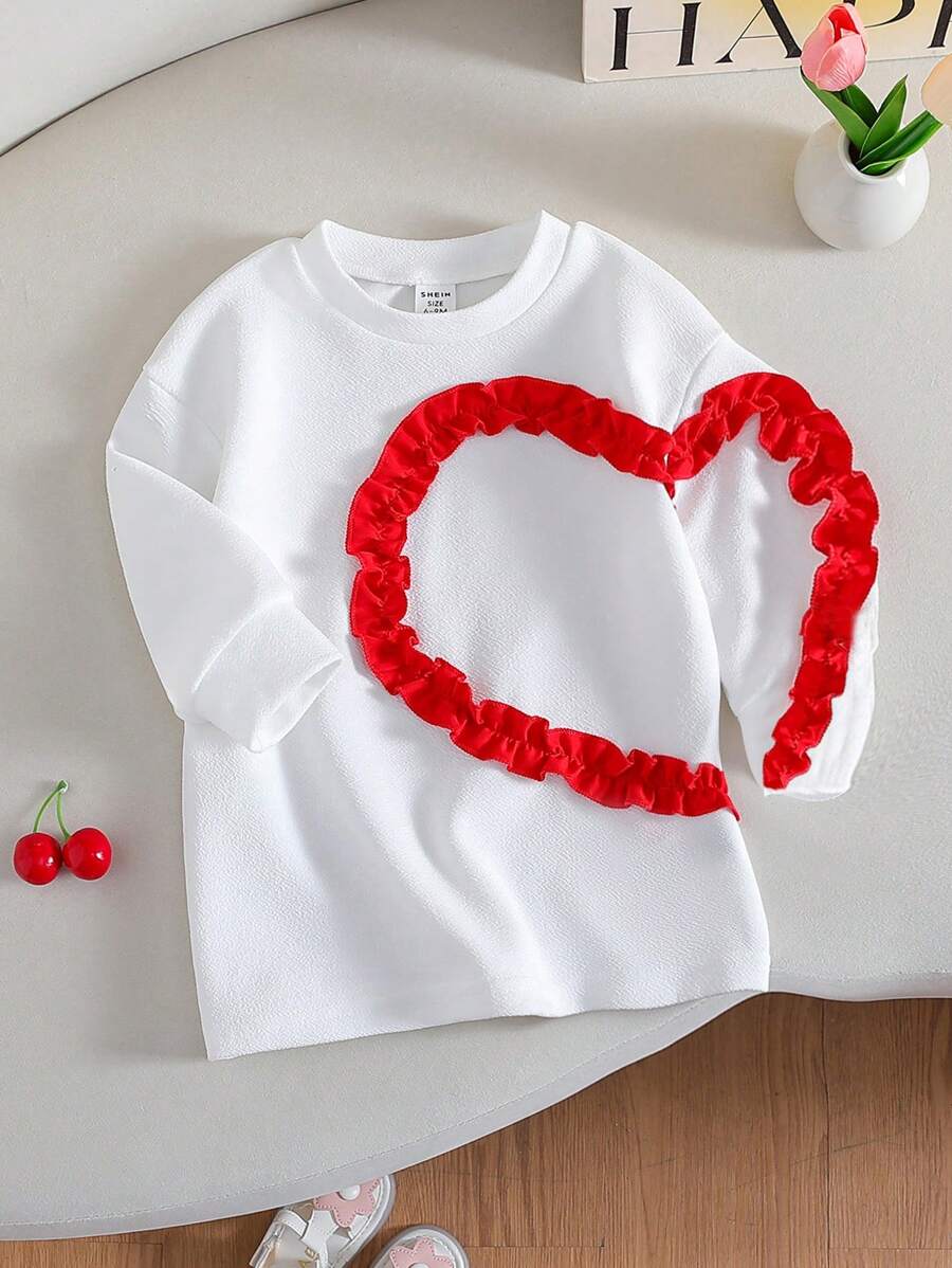 Spring Autumn Casual Heart Floral Ruffle Sleeve Sweatshirt Dress, Cute Girls Versatile Dress, All-Matching - White - View 1