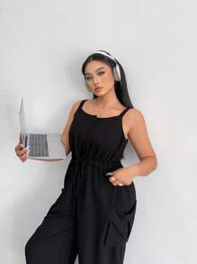 POPSWAY Plus Size Solid Color Straight Leg Jumpsuit With Suspenders, Casual Loose Design, Korean Style - Black - View 5