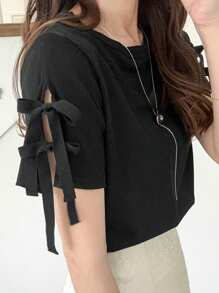 FRIFUL 女式甜美学院风黑色蝴蝶结T恤，夏季