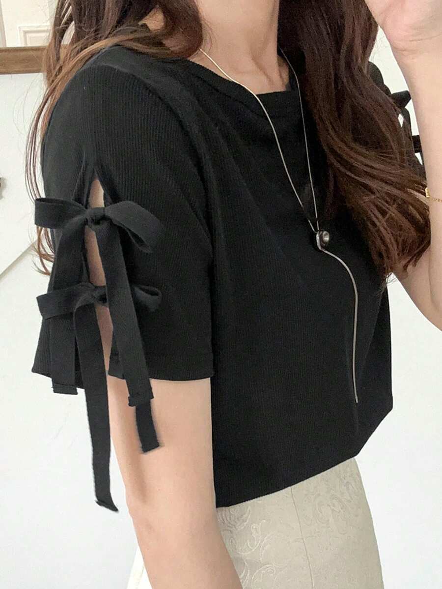 FRIFUL 女式甜美学院风黑色蝴蝶结T恤，夏季