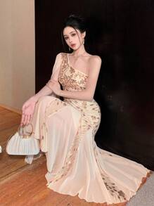 DAZY Vestido midi con escote asimétrico con volantes, falda de sirena y parches de lentejuelas para mujer, vestido de fiesta, vestido formal, vestido de manga larga para otoño, vestido elegante de lujo para mujer, nuevo atuendo de Año Nuevo, vestido brillante de carnaval - Albaricoque - Ver 10